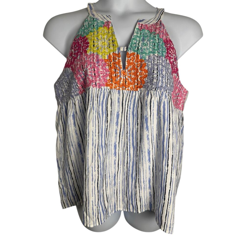 THML Womens XL Sleeveless Embroidered Boho Top White W Blue stripe MultiColor